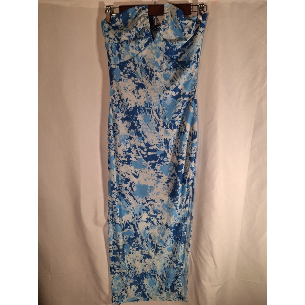 Fashion Nova Janeiro Mesh Midi Dress Blue White Abstract Print Size S CAD10686